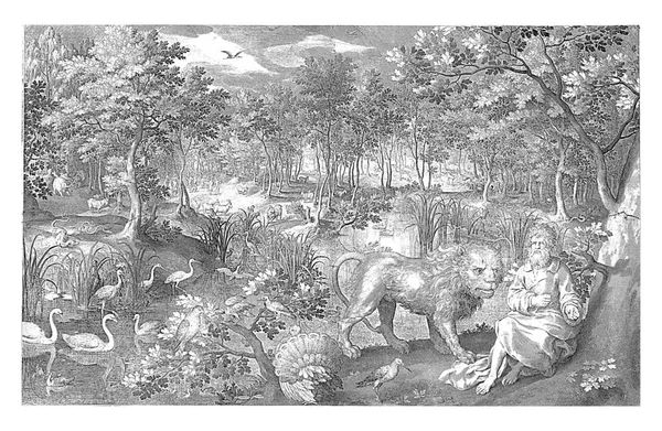 광야에서 예언자 예레미야였습니다 사자를 포함하여 동물들 그를둘러싸고 인쇄물에 설명은 예레미야 — 스톡 사진