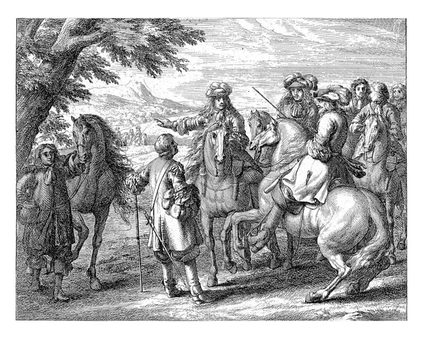 三个骑马的人和一个站在地上的人在一个风景区的前景中进行了协商 在左边 一个人牵着一匹马的缰绳 — 图库照片