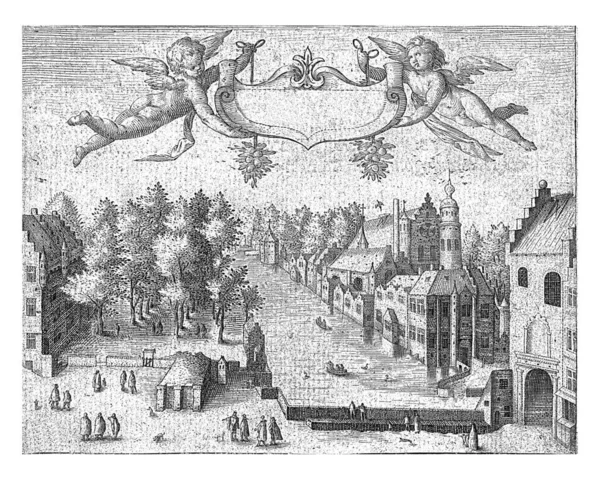 VijverbergとハーグのBinnenhofを表現した法的出版物 ハーグの上空では 二人の小さな天使がカルトゥーシュを持って描かれています — ストック写真
