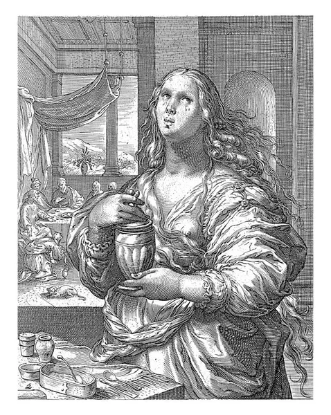 Mary Magdalene Ağlıyor Elinde Bir Sürahi Balsam Yağı Tutuyor Arka — Stok fotoğraf