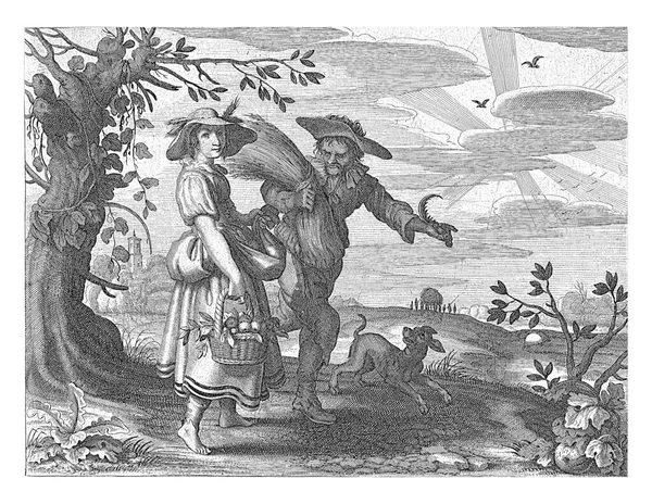 ダニエル ファン ブレムデン アドリアンPietersz後 ファン ヴェンヌ1625年1630年穀物の収穫物を手にしたばかりの若い女性と農家が並んで歩いています — ストック写真