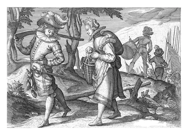 若い女性と誇り兵士 ギリス ファン ブレン カレル ファン マンダー後 1585 1610彼の制服や武器に誇りを持って見て若い兵士の左側に — ストック写真