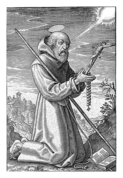 聖フランシス パオラとの風景 ヒエロニムス ウィリックス 1563 前1619聖フランシス パオラは オープンブックの前にひざまずいています 十字架と彼の折り畳まれた手のロザリオを保持します — ストック写真