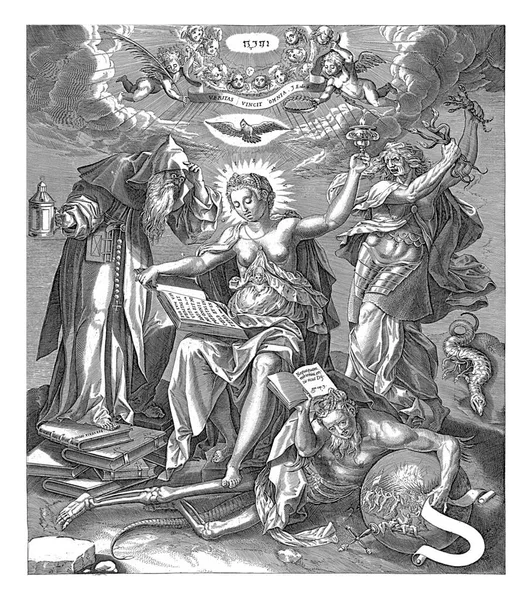 Középpontban Áll Igazság Megszemélyesülése Azonosulva Krisztussal Ölében Egy Nyitott Könyv — Stock Fotó