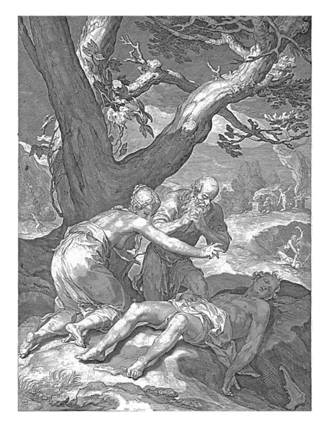 Adam和Eve在祭祀现场找到了Abel的尸体两人跪在儿子的尸体前哀悼 — 图库照片