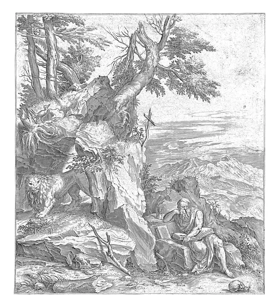 Άγιος Ιερώνυμος Κάθεται Ένα Βράχο Ένα Ορεινό Τοπίο Διαβάζοντας Δίπλα — Φωτογραφία Αρχείου