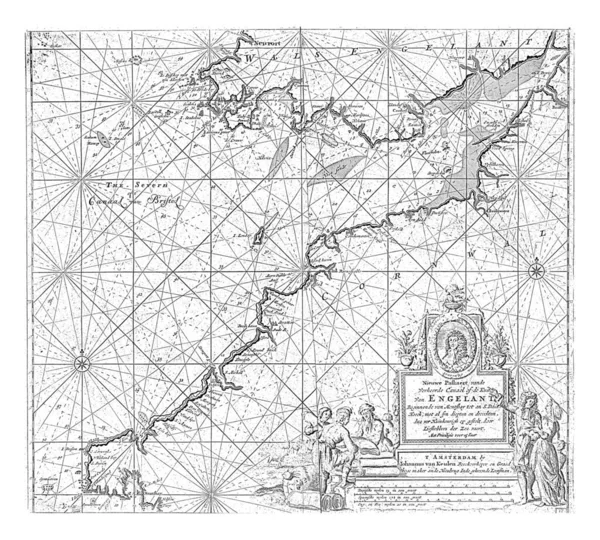 ブリストル海峡のパスポートマップは コンパスで上昇しました 右下はドイツ語 スペイン語 英語またはフランス語のマイルで表示されるタイトル 出版社の住所と規模を持つカルトゥーシュ — ストック写真