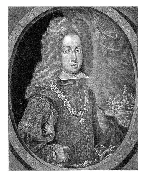 神圣罗马帝国皇帝 匈牙利国王约瑟夫一世的肖像 他的脖子上戴着一条带有金羊毛勋章标志的链子 他戴着长长的卷曲假发 — 图库照片