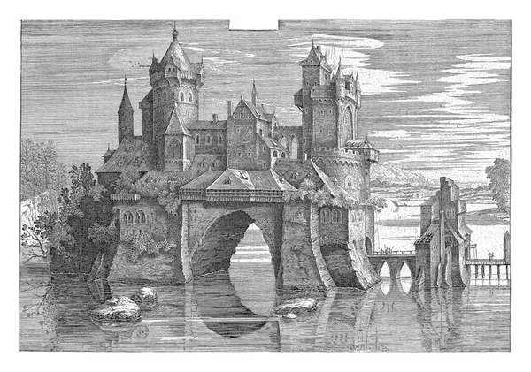 Castle Surrounded Water Hendrick Hondius 1610 View Biblical Village Emmaus — Stock Photo, Image