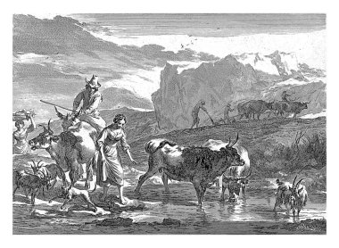 Nicolaes Pietersz 'den sonra Jan de Visscher adında bir nehir kenarında taş üstünde yürüyen genç bir kadın. Berchem, 1643 - 1692 Dağ manzaralı çobanlar ve çiftçiler.