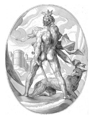 Mars on the Clouds, Jacob Matham (attributed to), after Hendrick Goltzius, 1599 - 1603 Mars, standing and seen from behind, on the clouds, with sword and helmet. A dog next to him. clipart