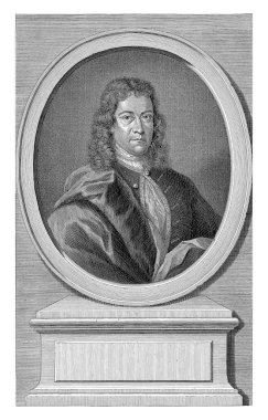 Peter Kolb 'un portresi, Jacob Houbraken, 1708 - 1780 Peter Kolb' un sağında Hollandaca yazılmış kenar harflerle bir oval. Portre bir kaideye dayanıyor..