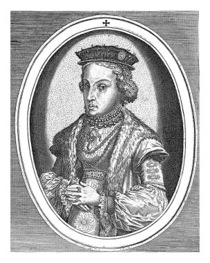 Catharina Jagielle van Polen 'in yarım boy portresi solda, oval çerçevede Latince harflerle yazılmış..