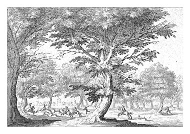 Geyik avı manzarası, Cornelis Galle (II), 1638 - 1678, eski oyma.