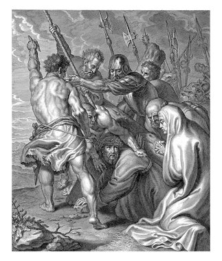 Kalabalıkla çevrili İsa, çarmıhı Calvary 'ye taşıyor. Ellerinin ve dizlerinin üzerinde duruyor ve yükü altında ezilmekle tehdit ediyor. Askerler onu sürükler ve daha da çeker..