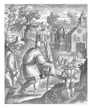 Doksan yıllık yaşamın dokuzuncu evresi bir sopa üzerinde yaşayan yaşlı bir adam olarak resmedildi ve hayatı artık çocuklarının nefretinden korunmuyor..