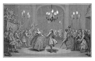 1742 'de Avrupa Hükümdarları' nın resmi balosu. Bavyera seçmeninin balo salonunda verdiği baloda merkez düşes Maria Theresa, Prusya Kralı Frederick ile dans ediyor..