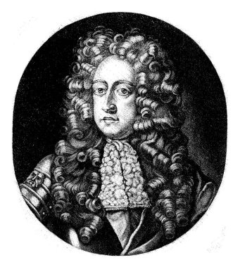 I. George, Danimarka Prensi, uzun kıvrımlı peruklu, dantel yakalı bir zırh giyiyor..