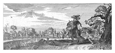 Sağ önü manzaralı, köpeği olan bir binici ve arkasında bir hizmetkar. Kanalın diğer tarafında bir araba ve yürüyen bir bölük..