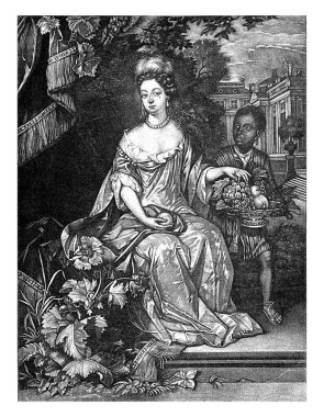 Kraliçe Mary Stuart 'ın portresi, Pieter Schenk (I), 1670 - 1713 Mary Stuart, İngiltere ve İskoçya Kraliçesi, bir bahçede oturuyor. Bir hizmetçi ona bir kase meyve ikram eder..