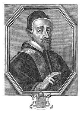 Papa VII. Alexander 'ın portresi, papalık cübbesi giymiş, kafası camauro ile süslenmiş. Papalık armasının altında..