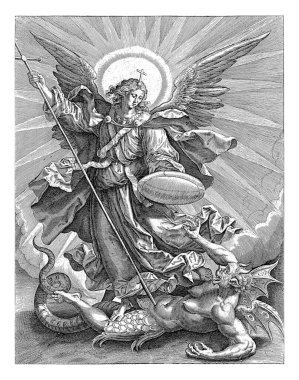 Michael ejderhayı öldürüyor, Hieronymus Wierix, Maerten de Vos 'tan sonra, 1585 Başmelek Michael ejderhanın üzerinde duruyor, yarı insan, yarı hayvan şeklinde..