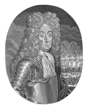 Sağ arka planda bir kale kuşatması olan tahkimat baronu Menno van Coehoorn 'un portresi..