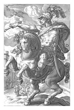 Kahraman Marcus Curtius at sırtında, sağ elinde bir kaptan asası..