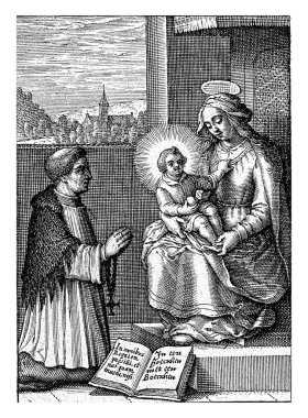 Mary asılı perdelerle bir gölgeliğin altında İsa 'nın çocuğuyla birlikte oturuyor. İsa 'nın çocuğu elinde bir elma tutuyor..