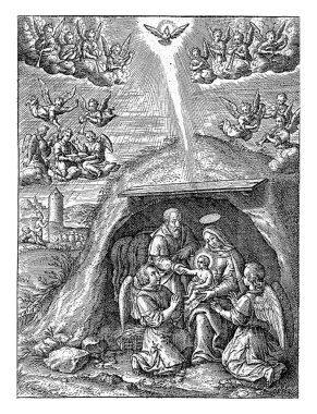 İsa 'nın doğuşu, Hieronymus Wierix, 1563-1619 Mary, İsa' nın çocuğuyla birlikte Beytüllahim 'deki ahırda oturuyor. İki melek, Yusuf 'un elini tutan İsa' nın önünde secde ettiler..