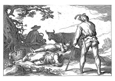 Beş çoban kırsal alanda bir ağacın altında oturur ya da yatar. Yanlarında bir boğa..