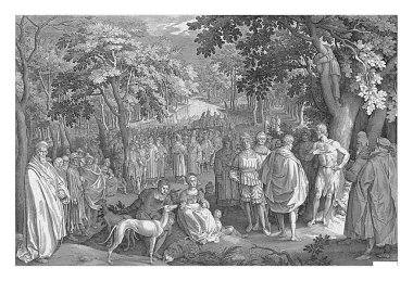 Bir orman manzarası. Sağ ön planda Vaftizci Yahya bir ağacın altında. Büyük bir kalabalığa vaaz veriyor..