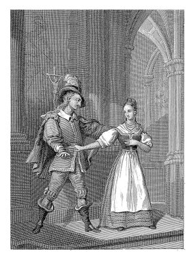 Solda, genç bir kadın, yanında duran adama saygısız bir jest yapıyor. Kasa dairesinde bir haçın önünde..