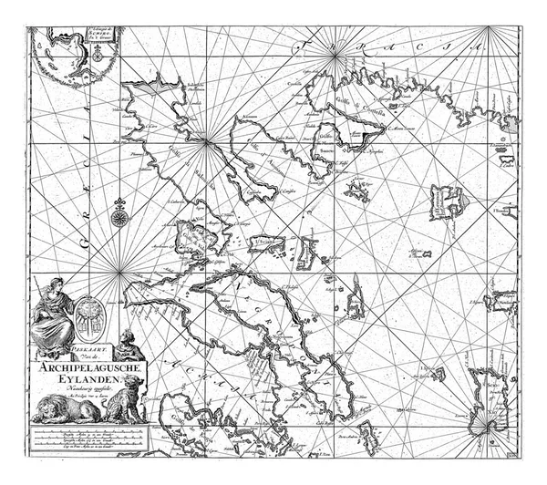 爱琴海西部和希腊部分海岸的护照地图上 有镶嵌的玫瑰和两支罗盘玫瑰 北方在上面 — 图库照片