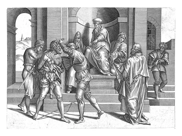 Johannes Döparen Tillfångatagen Och Herodes Sin Tron Ögonen Nedslagna Beordrar — Stockfoto