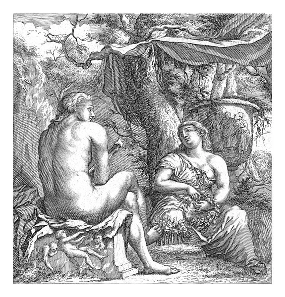 Two Figures Classical Landscape Right Naked Figure Sitting Pedestal Relief — Stock Photo, Image