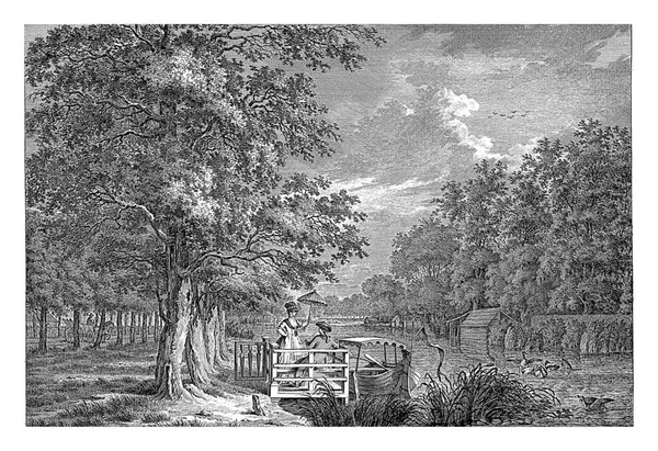 ゲイン銀行のカップルと風景 エヴェルト墓 1769 1805アムステルダムの近くに川ゲイン銀行 前景には 桟橋のカップル — ストック写真