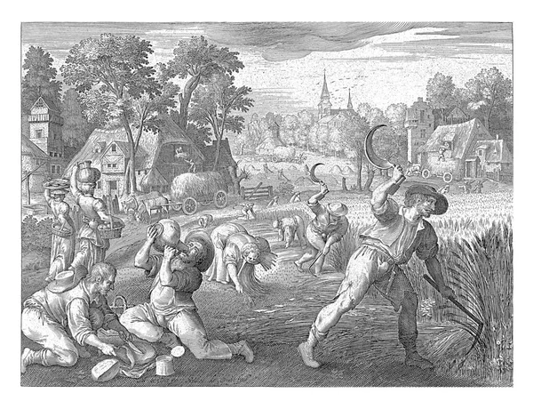 ニコラス ブライン マーテン ヴォスの後 1581 1656夏に行われる活動と風景 男性の収穫穀物と干し草は干し草の中に格納されています — ストック写真