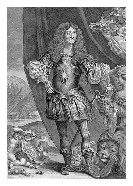 Christiaan Lodewijk Van Mecklenburg Schwerin全长肖像 他的手放在墨丘利的帽子上 一个铁匠拿着他的尸体 — 图库照片