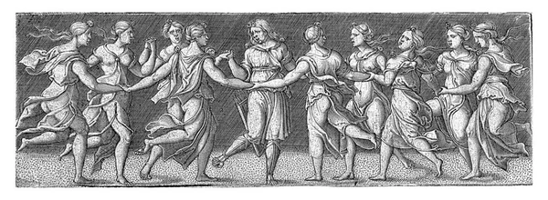 Εννέα Μούσες Και Απόλλων Χορεύουν Απόλλων Φαρέτρα Στο Δεξί Μηρό — Φωτογραφία Αρχείου