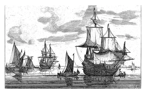Dois Navios Guerra Outros Veleiros Águas Calmas Anônimo 1600 1700 — Fotografia de Stock