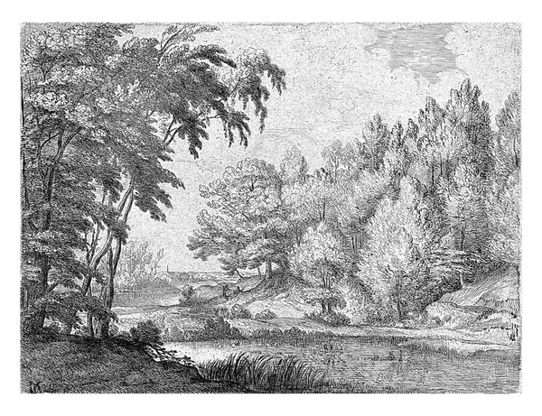 河流蜿蜒曲折的景观 罗德维克 1615 1655森林景观 河流蜿蜒曲折 河岸上两个人 一个村庄在远方 — 图库照片