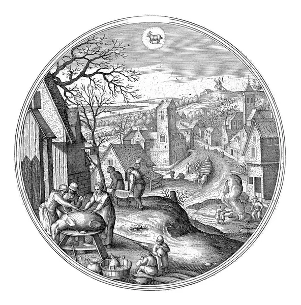 12月 Adriaen Collaert 在Hans Bol之后 1578 1582年 冬季风景 冬季场景 12月是屠杀的月份 — 图库照片