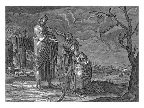 Elijah Meets Zarephath Widow Her Son Who Gathering Wood City — Stock Photo, Image