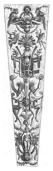 1516年から1556年にかけてのコーネリス ボスの後 2人のサテュロス 1人のヘルメと1人の子供 匿名の巻物の枠には 2人のサテュロスがヘルメの足に取り付けられており それぞれが手にカタツムリを持っている — ストック写真