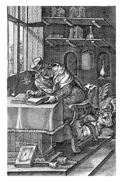 传道士卢卡斯 约翰内斯 维鲁瓦 1573年传道士路加福音 博尔赫特 在他的椅子后面躺着一头有翅膀的牛 — 图库照片