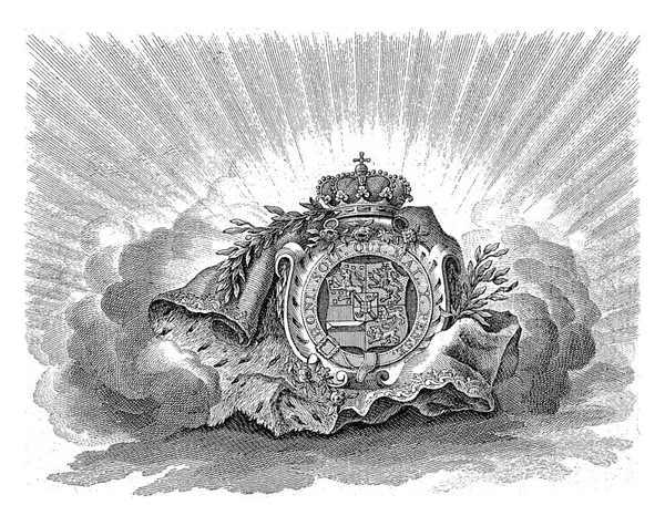 威廉五世的臂章上有一顶冠冕 上面装饰着加泰特和加泰特骑士团的座右铭 周围都是一些寓言的物体 — 图库照片