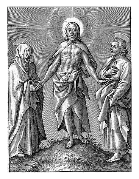 그리스도는 상처를 십자가에 내보이며 손잡이 다음에는 마리아 이그분을 숭상하면서 올려다보고 — 스톡 사진