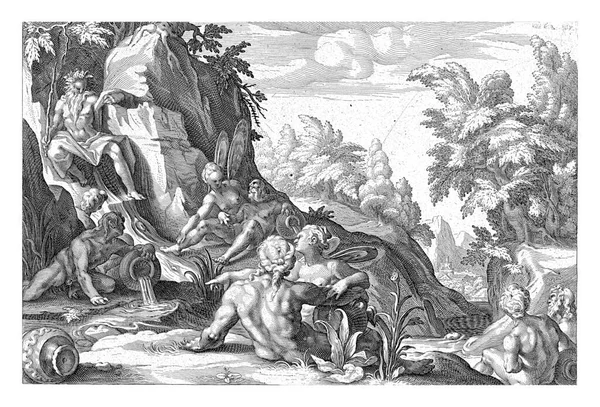 川の神やニンフの数は 緑豊かな風景の中に岩の上に座っている川の神ペネウスに集まっています — ストック写真