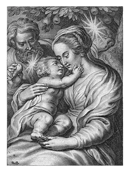 メアリーは膝の上で子供と一緒にいる ヨセフは手に梨を持っています 以下のシーンは 歌からラテン語の引用です7 — ストック写真